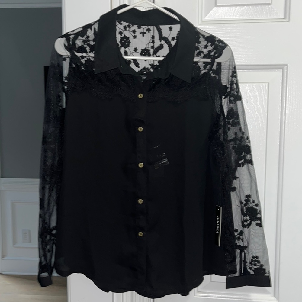 Vertigo gorgeous black lace long sleeve blouse, size XL NWT!